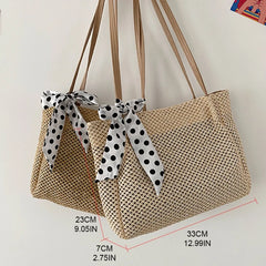 Summer Beach Straw Shoulder Bag with Silk Ribbon Handle