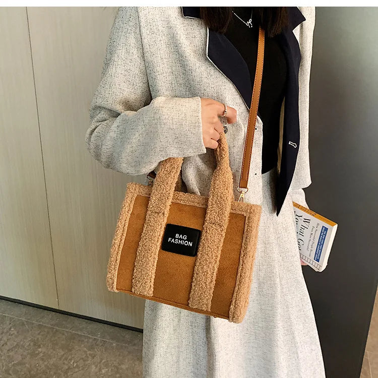 Large Suede Leather Tote Bag Soft Lambswool Shoulder Crossbody Handbag