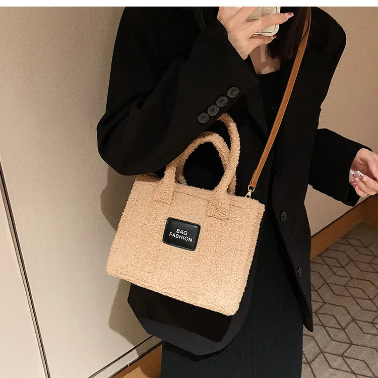 Large Suede Leather Tote Bag Soft Lambswool Shoulder Crossbody Handbag