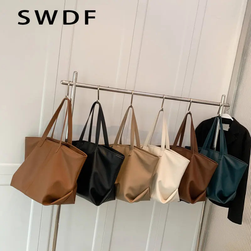 Large Tote Shoulder Bags Vintage Women Soft PU Leather Handbags