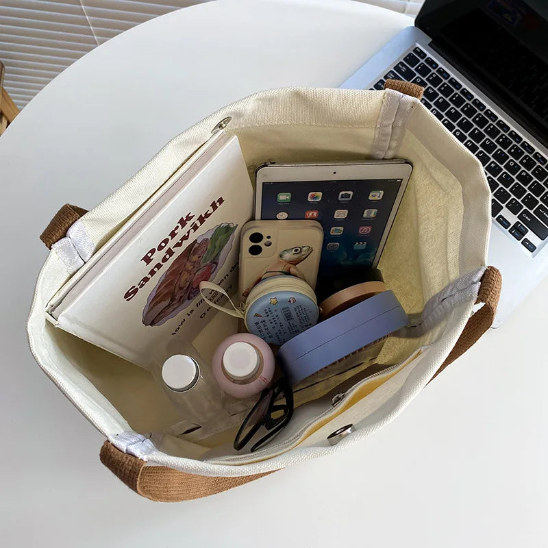 Canvas Shoulder Bag Women's Casual Handbag with Cartoon Print
