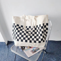 Canvas Shoulder Bag Women Casual Chessboard Handbag Student