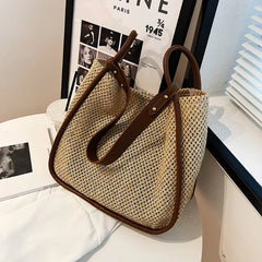 Large-capacity Straw Bag for Women Contrast Tote Shoulder Purses