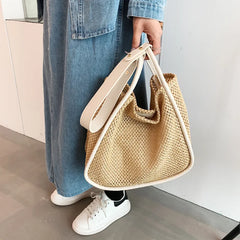 Large-capacity Straw Bag for Women Contrast Tote Shoulder Purses