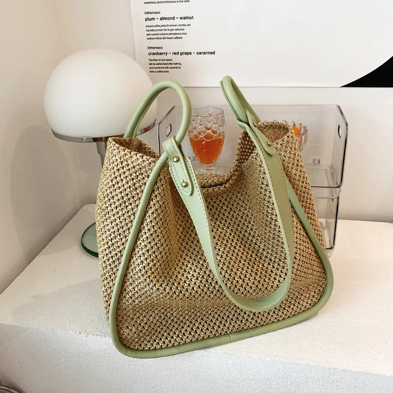 Large-capacity Straw Bag for Women Contrast Tote Shoulder Purses