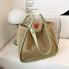 Large-capacity Straw Bag for Women Contrast Tote Shoulder Purses