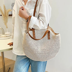 Large-capacity Woven Straw Shoulder Bag for Sunglasses and Cosmetics