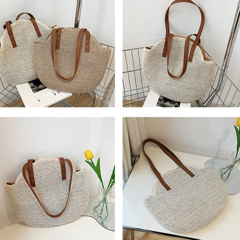 Large-capacity Woven Straw Shoulder Bag for Sunglasses and Cosmetics