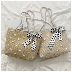 Straw Woven Bag Silk Scarf Women's Shoulder Bag Beach Handbags
