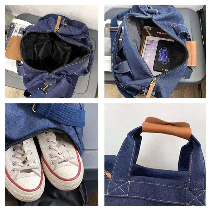 Large Capacity Retro Denim Travel Handbag Duffle Bag Unisex Travel Crossbody Bag