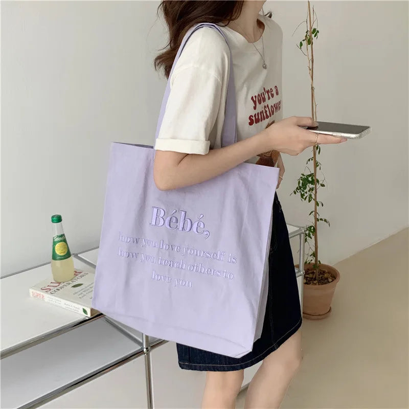 Large Capacity Letter Embroidered Canvas Bag, All-Match Shoulder Bag