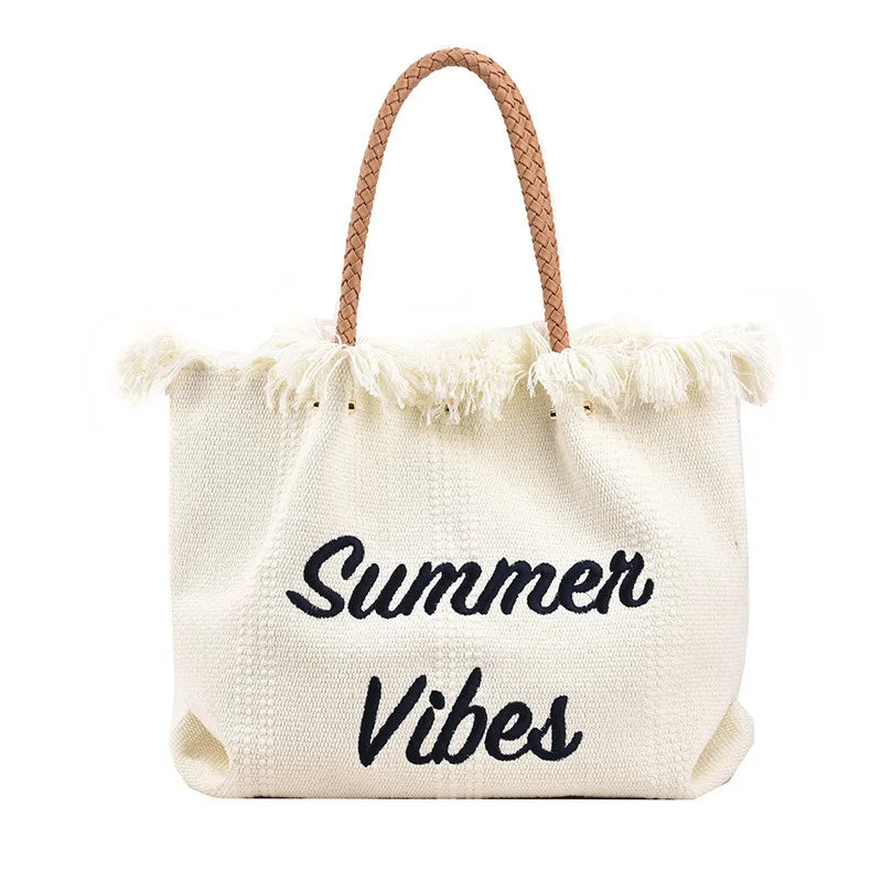 Pink Embroidered Women's Tote Bag with Woven Shoulder Strap