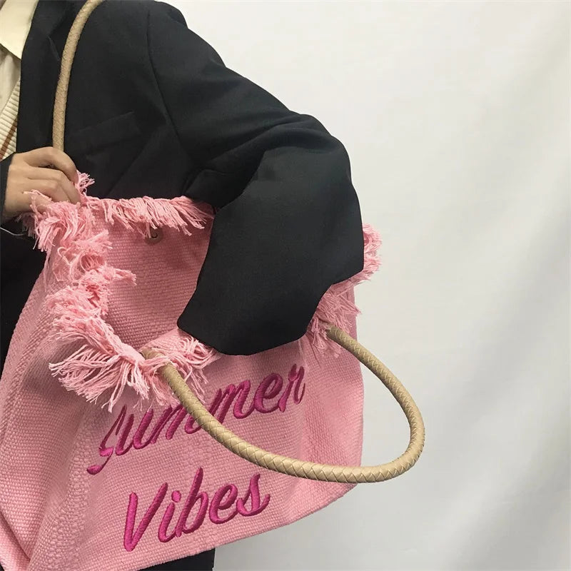Pink Embroidered Women's Tote Bag with Woven Shoulder Strap