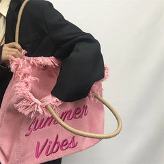 Pink Embroidered Women's Tote Bag with Woven Shoulder Strap