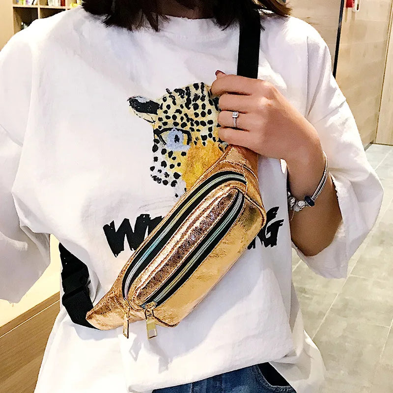 Laser Waist Bag Fanny Pack PU Leather Pocket Women Travel Chest Cross-Body Bag