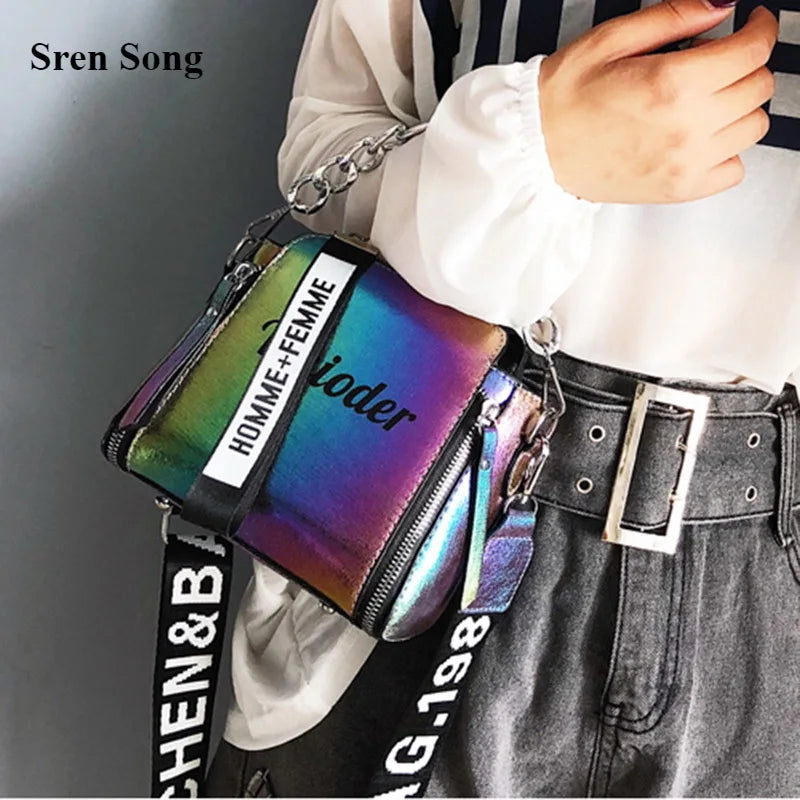 Laser Women Letter Shoulder Bag PU Messenger Crossbody Bucket