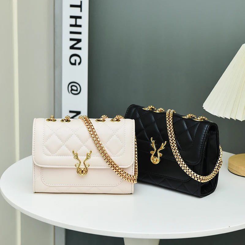 Leather Handbags Embroidered Diamond Square Shoulder Bag For Women