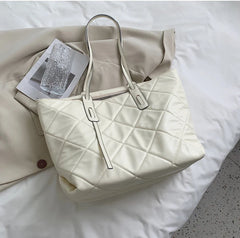 Lattice Large Tote Handbag Green Winter Nylon Women Shoulder Bag