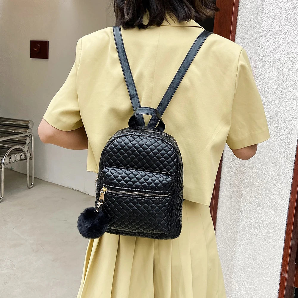 Lattice Pattern Women Backpacks Soft Pu Leather Travel Bags Multi-Pockets