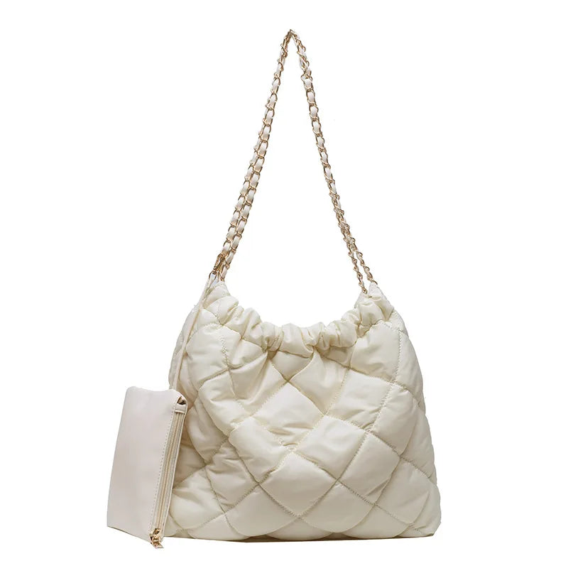 Lattice Plaited Chain Square Nylon Padded Hobo Bag For Women 2 Pc Set