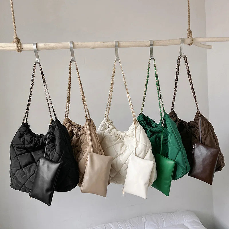 Lattice Plaited Chain Square Nylon Padded Hobo Bag For Women 2 Pc Set
