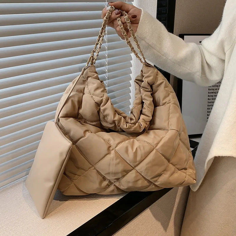 Lattice Plaited Chain Square Nylon Padded Hobo Bag For Women 2 Pc Set