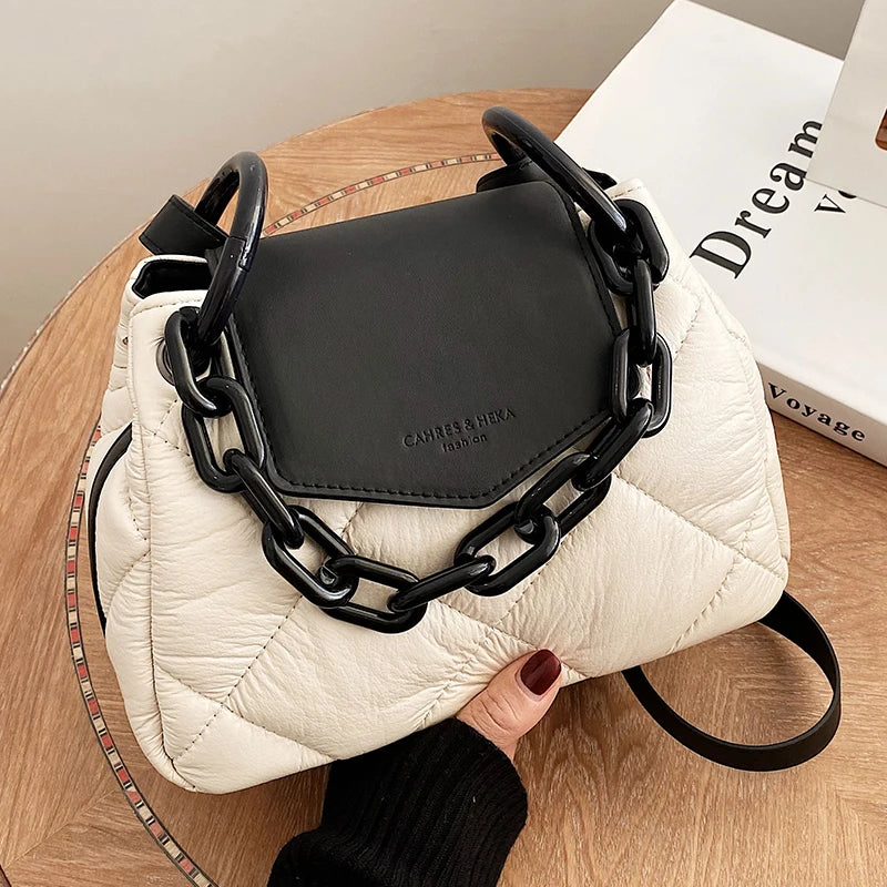 Winter Lattice Square Tote Bag PU Leather Women's Handbag