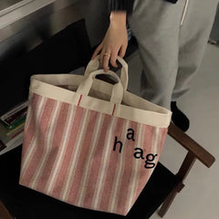 Striped Canvas Tote Bag - Large Capacity