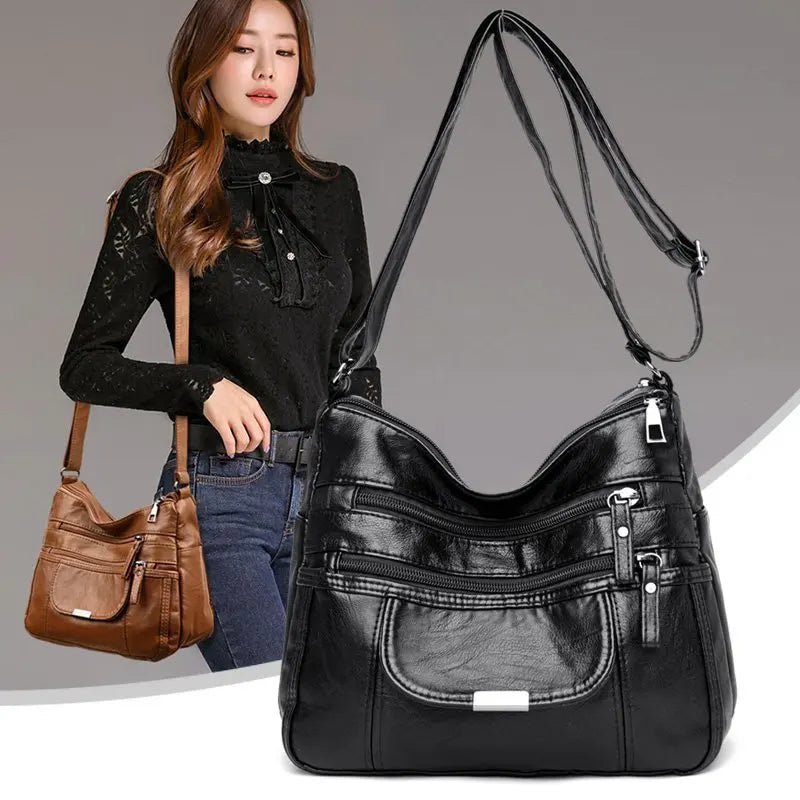 Vintage Leather Crossbody Bag Fold Over Small Multi-Pocket Women Messenger Bag