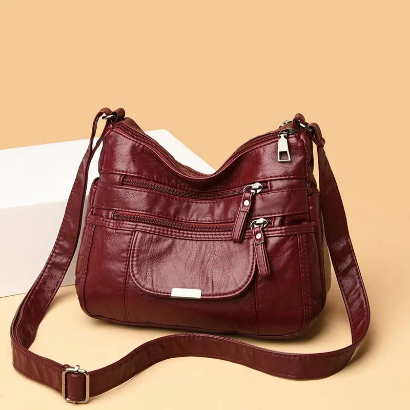 Vintage Leather Crossbody Bag Fold Over Small Multi-Pocket Women Messenger Bag