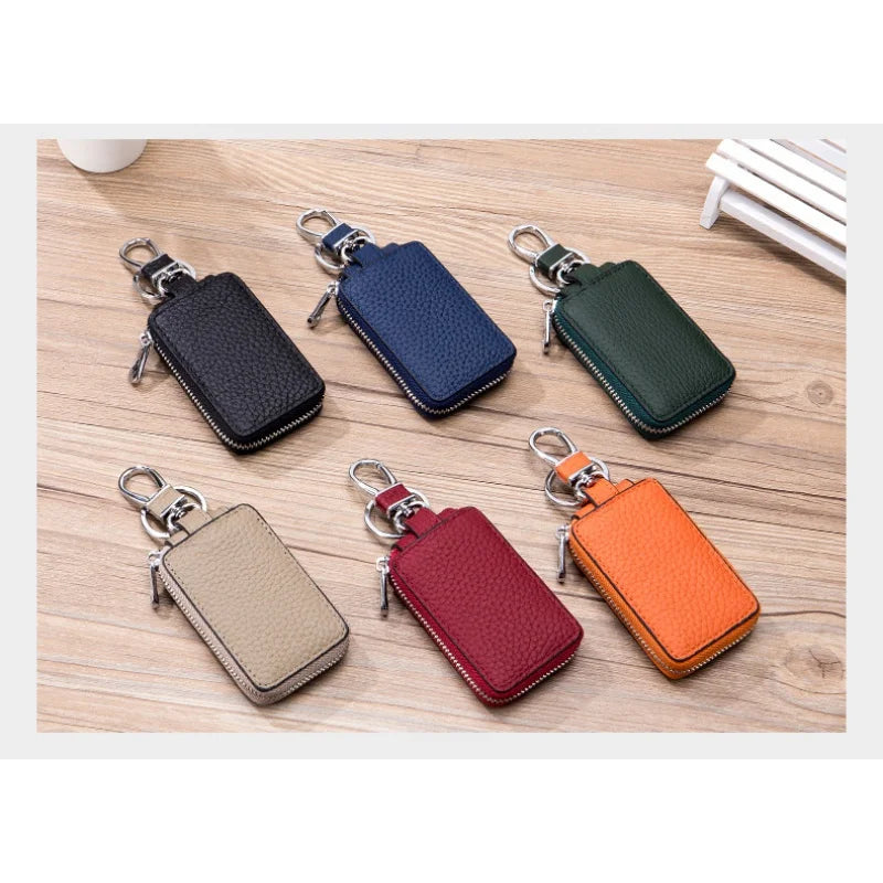 Leather Car Key Case Men's Cowhide Zipper Key Leather Case