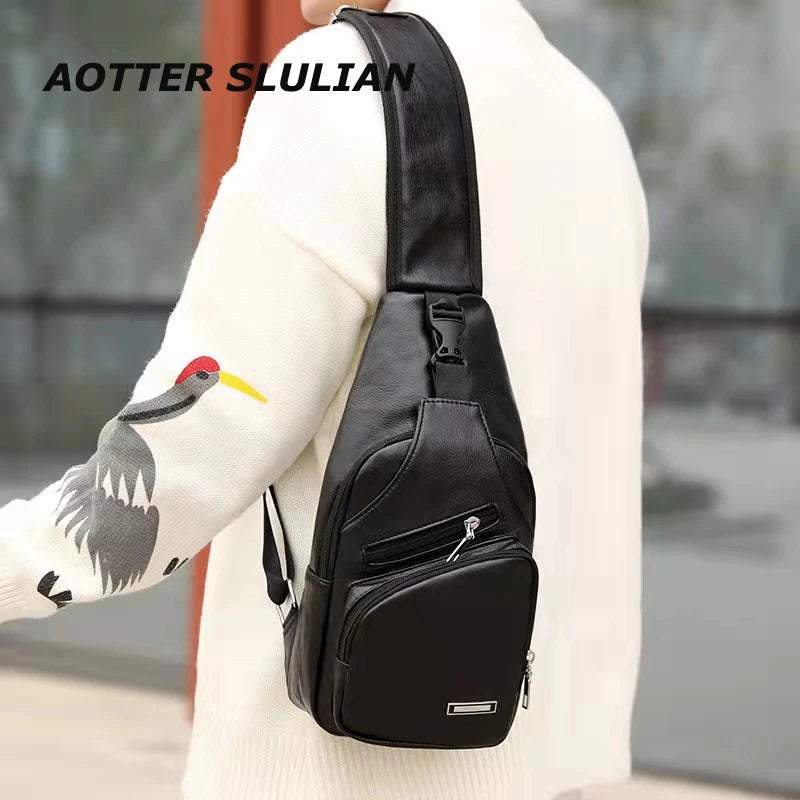 Men's Leather Chest Bag Messenger Shoulder Multi-Functional Crossbody Pouch