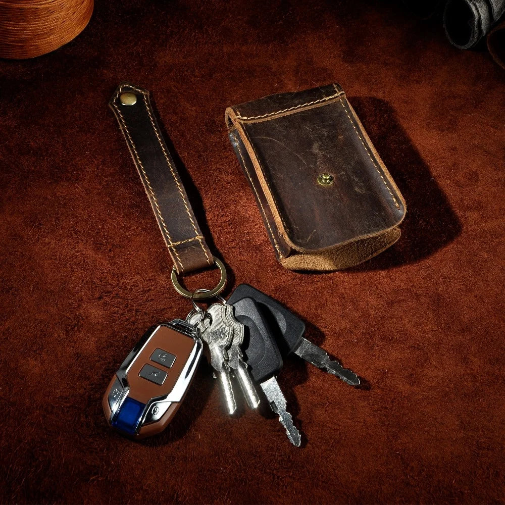Men's Leather Car Remote Control Case with Key Ring
