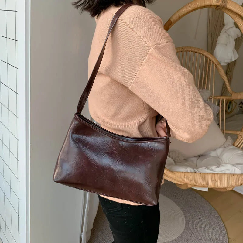 Vintage Leather Shoulder Bag for Women Solid Zipper Purse Small Tote