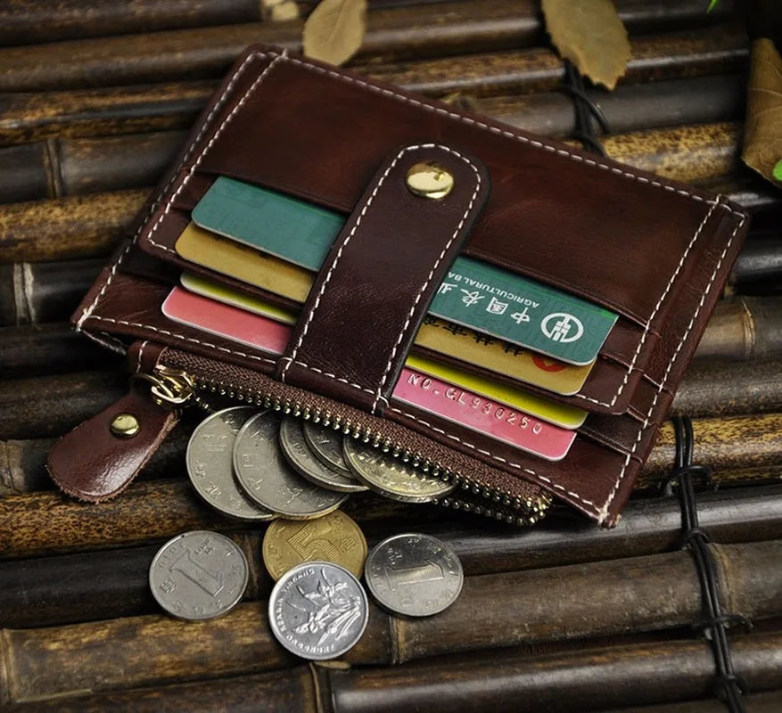 Oil Wax Leather Men's Wallet Multi-card Button Mini Small Card Coin Bag