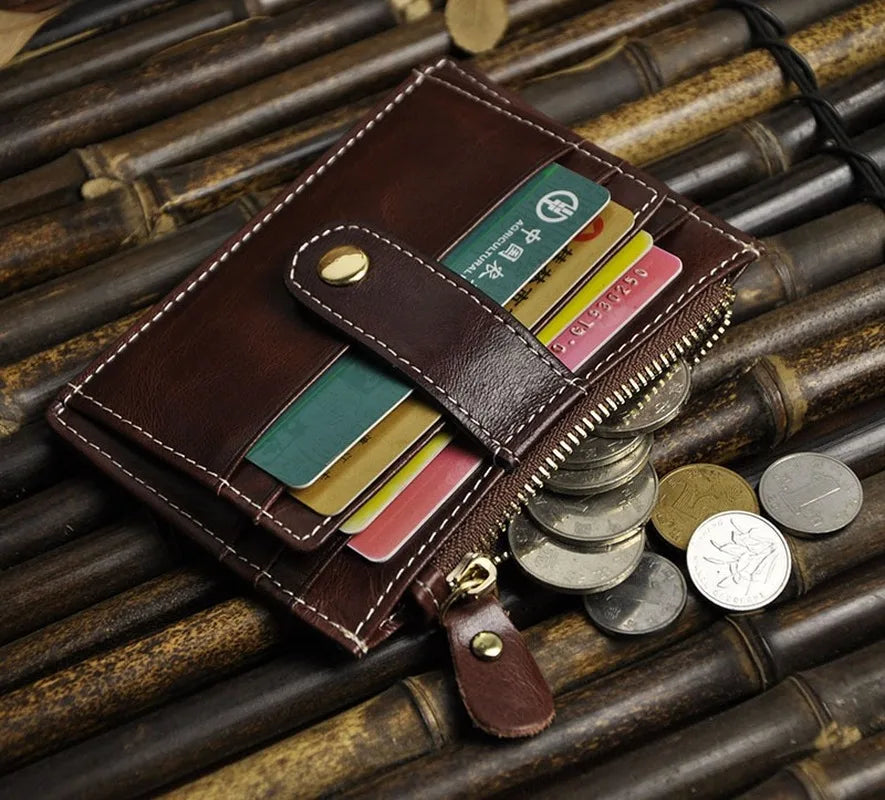 Oil Wax Leather Men's Wallet Multi-card Button Mini Small Card Coin Bag