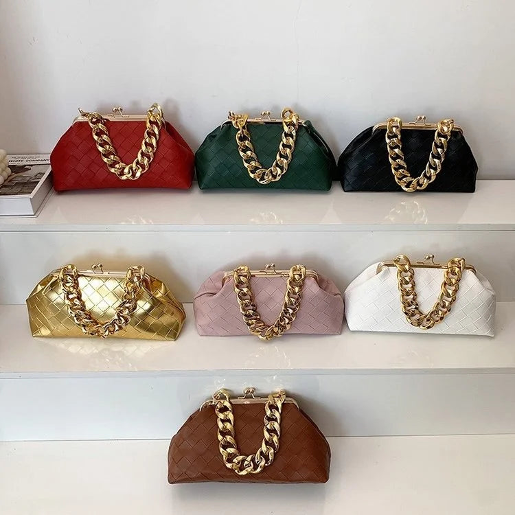 Leather Weave Handbag With Thick Chain Handle Dumpling Bag Crossbody Bag