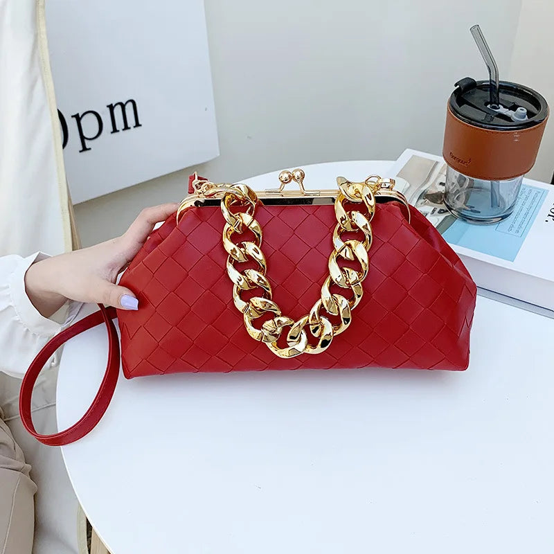Leather Weave Handbag With Chain Handle Dumpling Bag Crossbody Bag