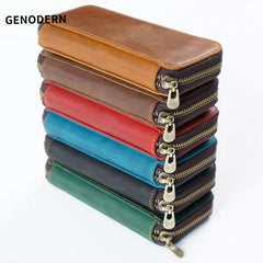 Vintage Cowhide Leather Zipper Pen Storage Bag Large Capacity Pencil Case