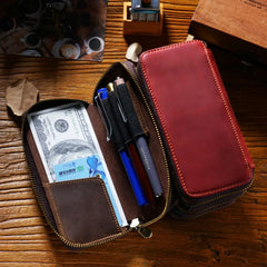 Vintage Cowhide Leather Zipper Pen Storage Bag Large Capacity Pencil Case