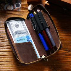 Vintage Cowhide Leather Zipper Pen Storage Bag Large Capacity Pencil Case