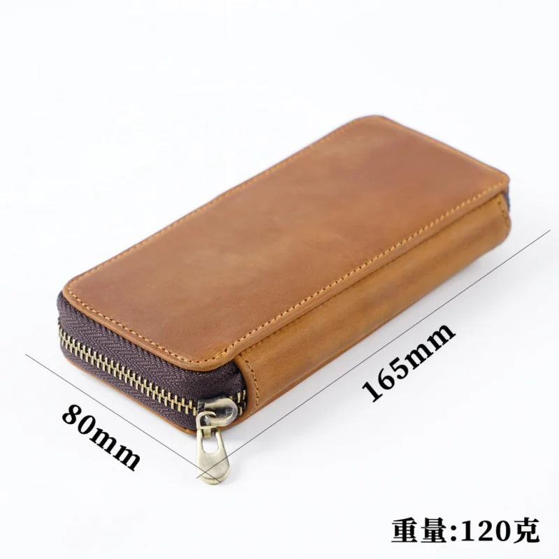 Vintage Cowhide Leather Zipper Pen Storage Bag Large Capacity Pencil Case