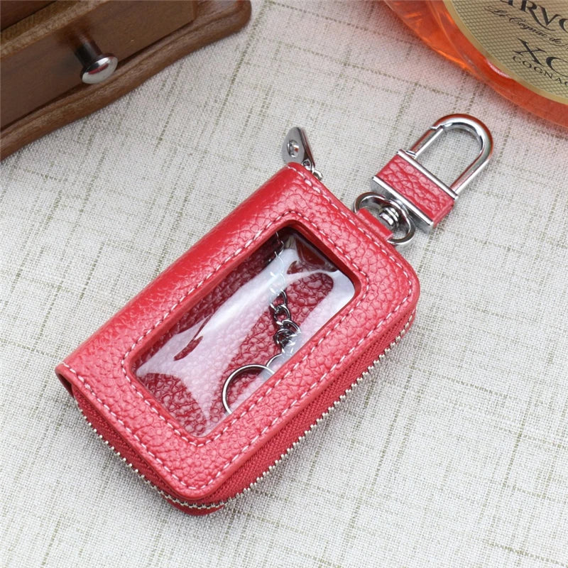 Leather Zipper Square Key Holder Case Transparent Window Key Bag Wallet