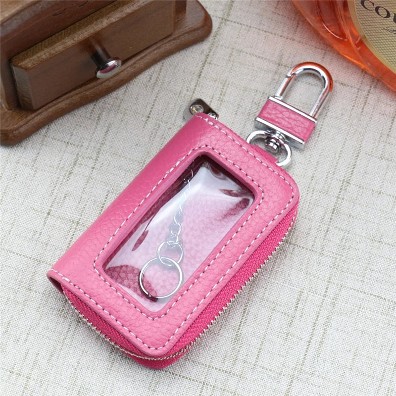Leather Zipper Square Key Holder Case Key Chain Transparent Window Key Bag