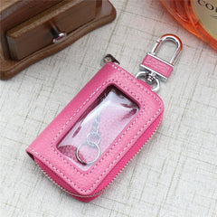 Leather Zipper Square Key Holder Case Key Chain Transparent Window Key Bag