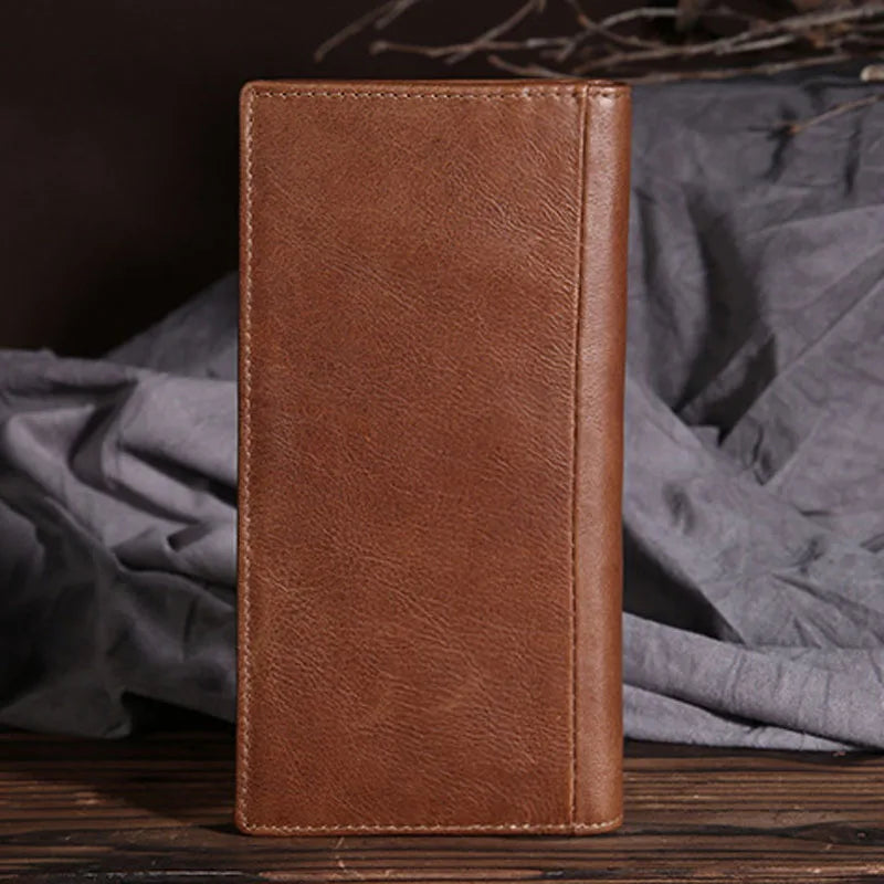 Cowhide Money Clip Oil Wax Leather Long Wallet