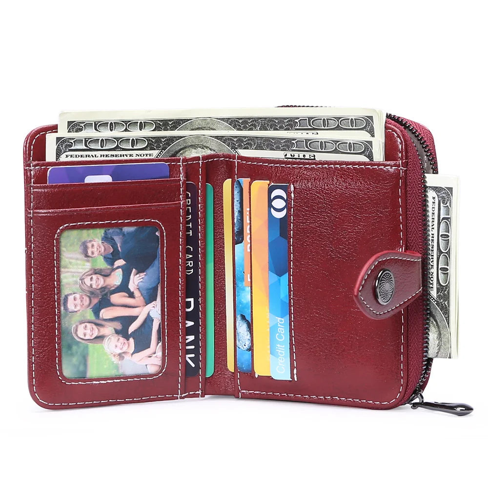 Women's Zipper Leather Wallet, Short Two Fold Wallet