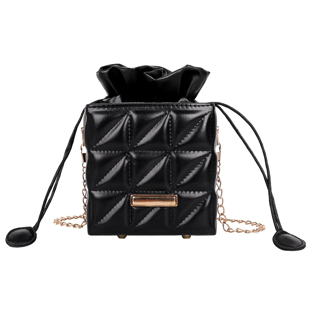 Leisure Geometric Embossed Messenger Bag Women PU Square Box Shape Drawstring