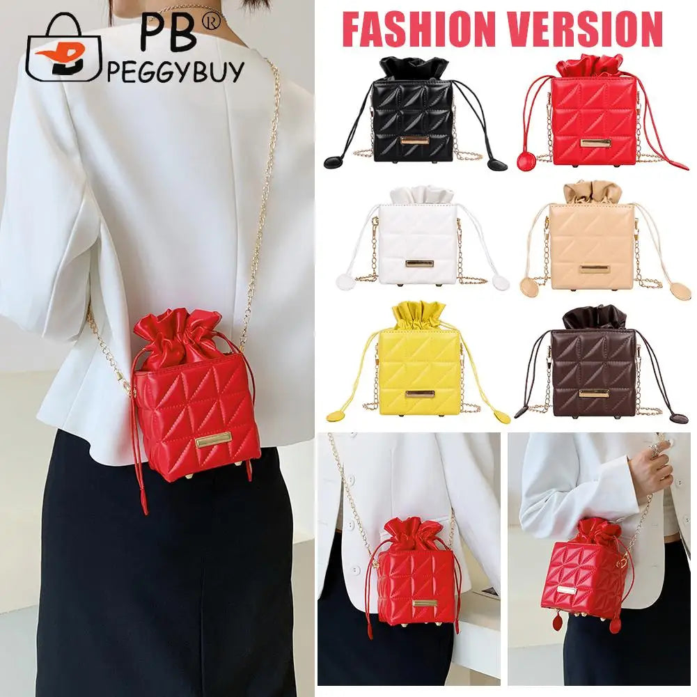 Leisure Geometric Embossed Messenger Bag Women PU Square Box Shape Drawstring