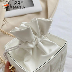 Leisure Geometric Embossed Messenger Bag Women PU Square Box Shape Drawstring